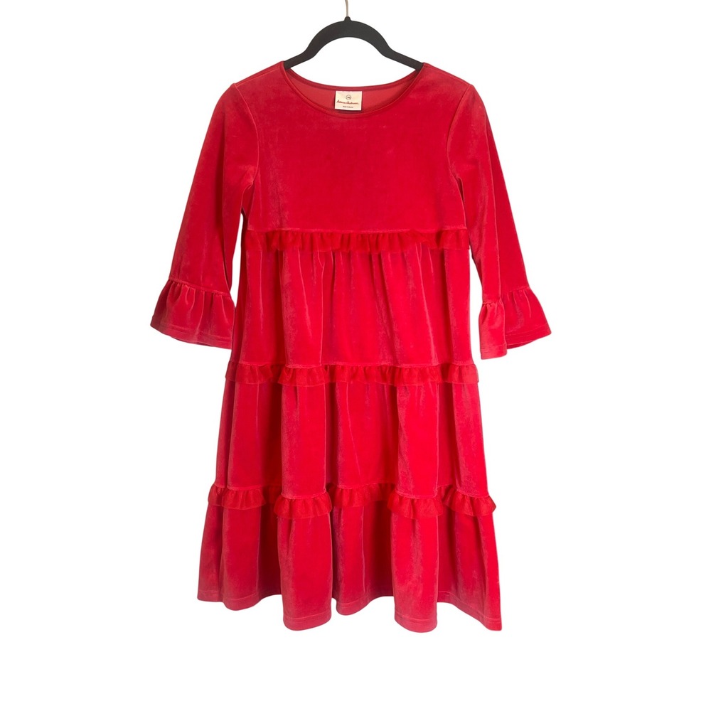 Hanna Andersson Girls Red Velour Tiered Ruffle Dress‎ Size 140 10 Holiday Party